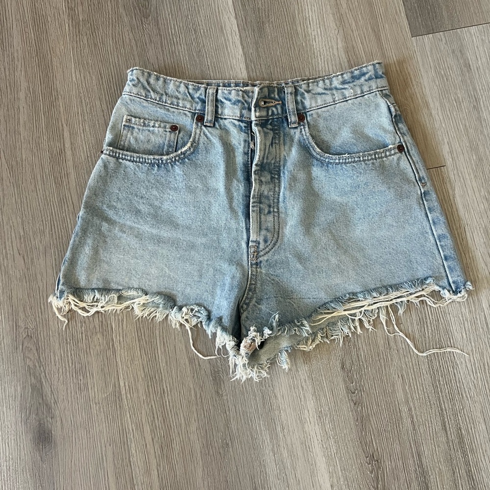 Zara Light Blue Frayed Jean Shorts
